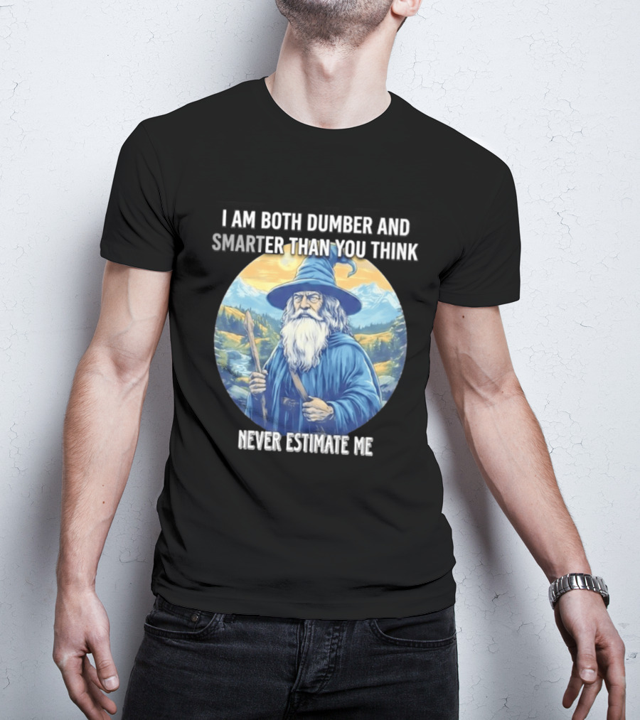 I Am Both Dumber And Smarter Than You Think Never Estimate Me Wizard Blue Robe And Hat Mountain T-Shirt