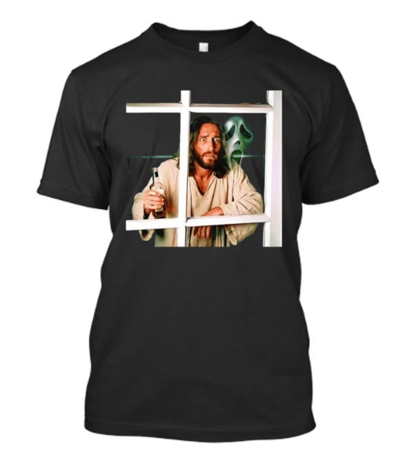 Jesus Drinking Whiskey With Ghostface Killer Behind Window T-Shirt