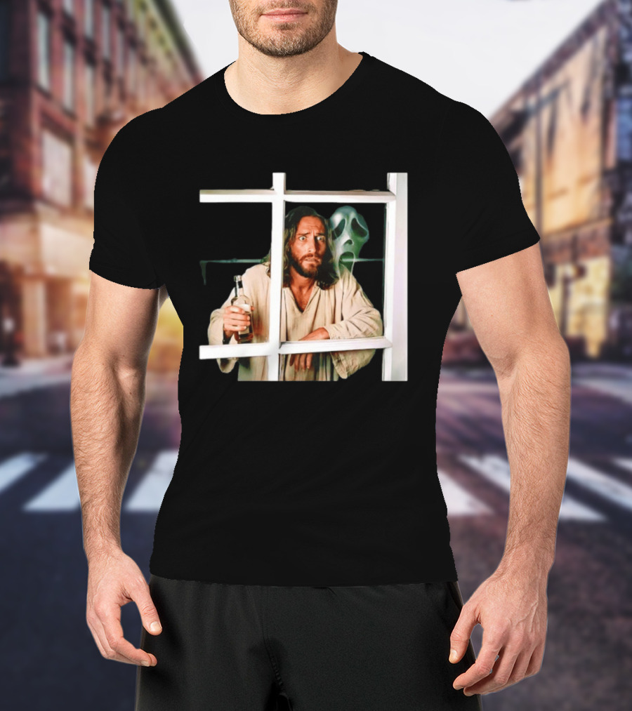 Jesus Drinking Whiskey With Ghostface Killer Behind Window T-Shirt