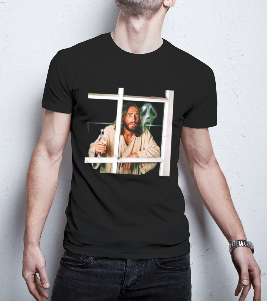Jesus Drinking Whiskey With Ghostface Killer Behind Window T-Shirt