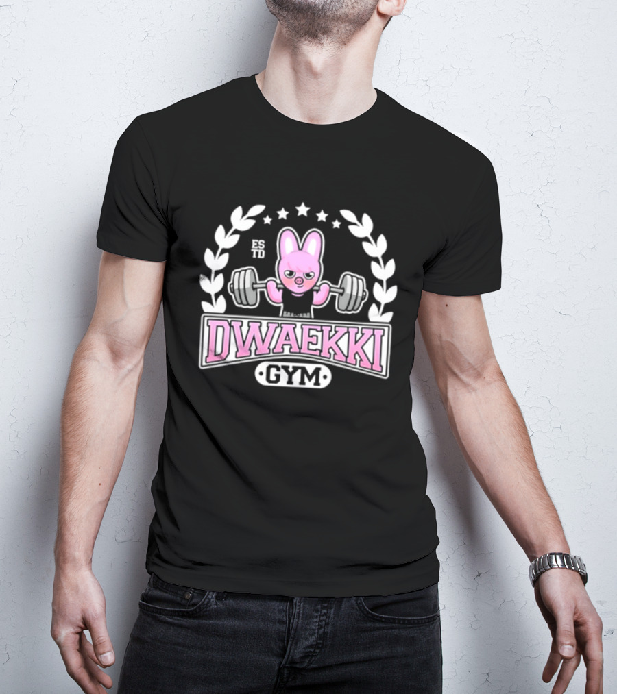 Dwaekki Gym Stray Hyunjin SKZOO K Pop Weightlifting Bunny Character Fitness Fan Gear T-Shirt