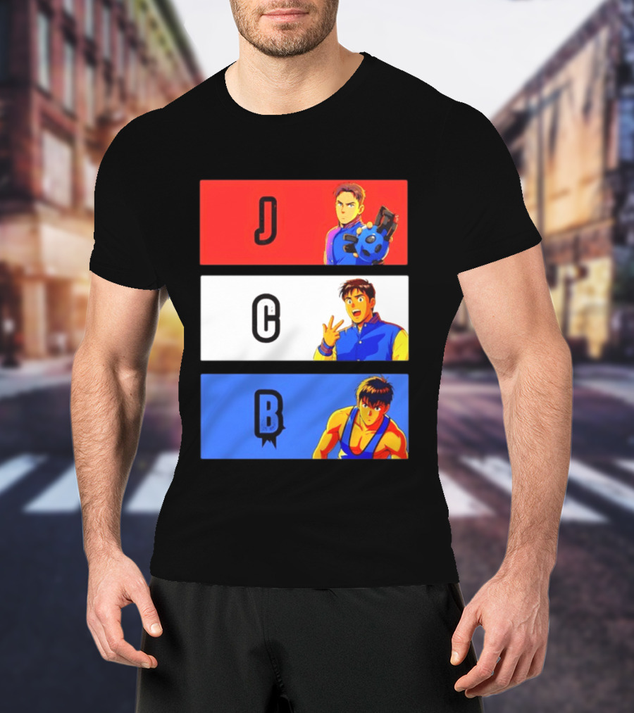JCB Anime Characters Red White Blue Panels T-Shirt