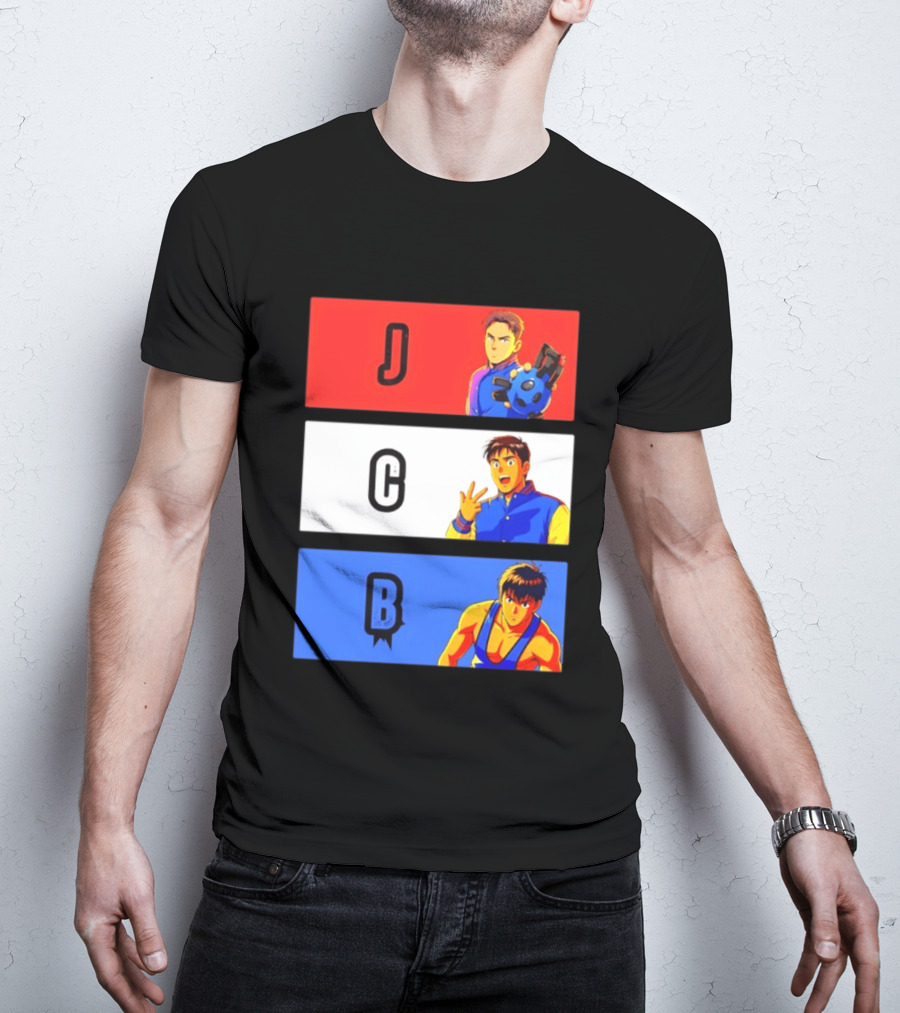 JCB Anime Characters Red White Blue Panels T-Shirt