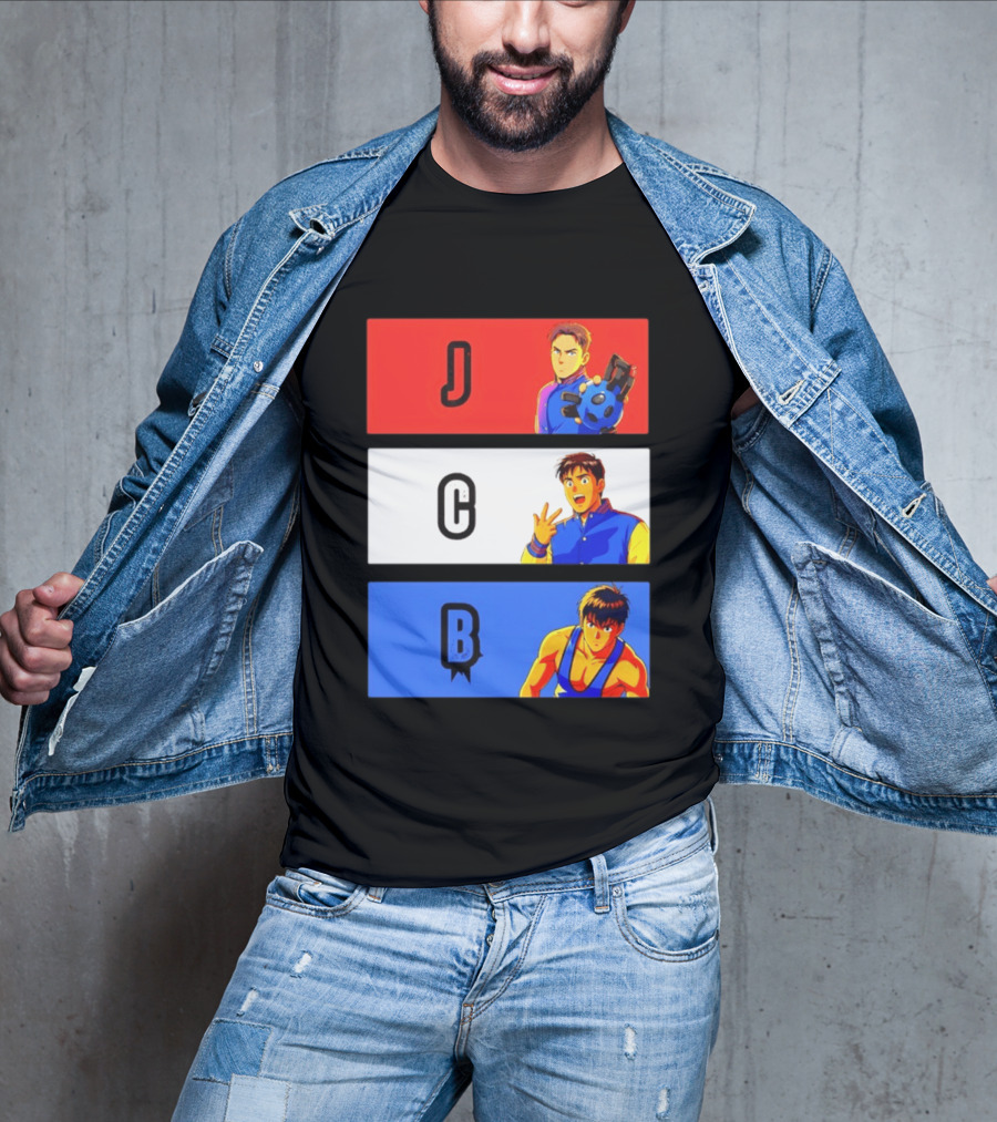 JCB Anime Characters Red White Blue Panels T-Shirt