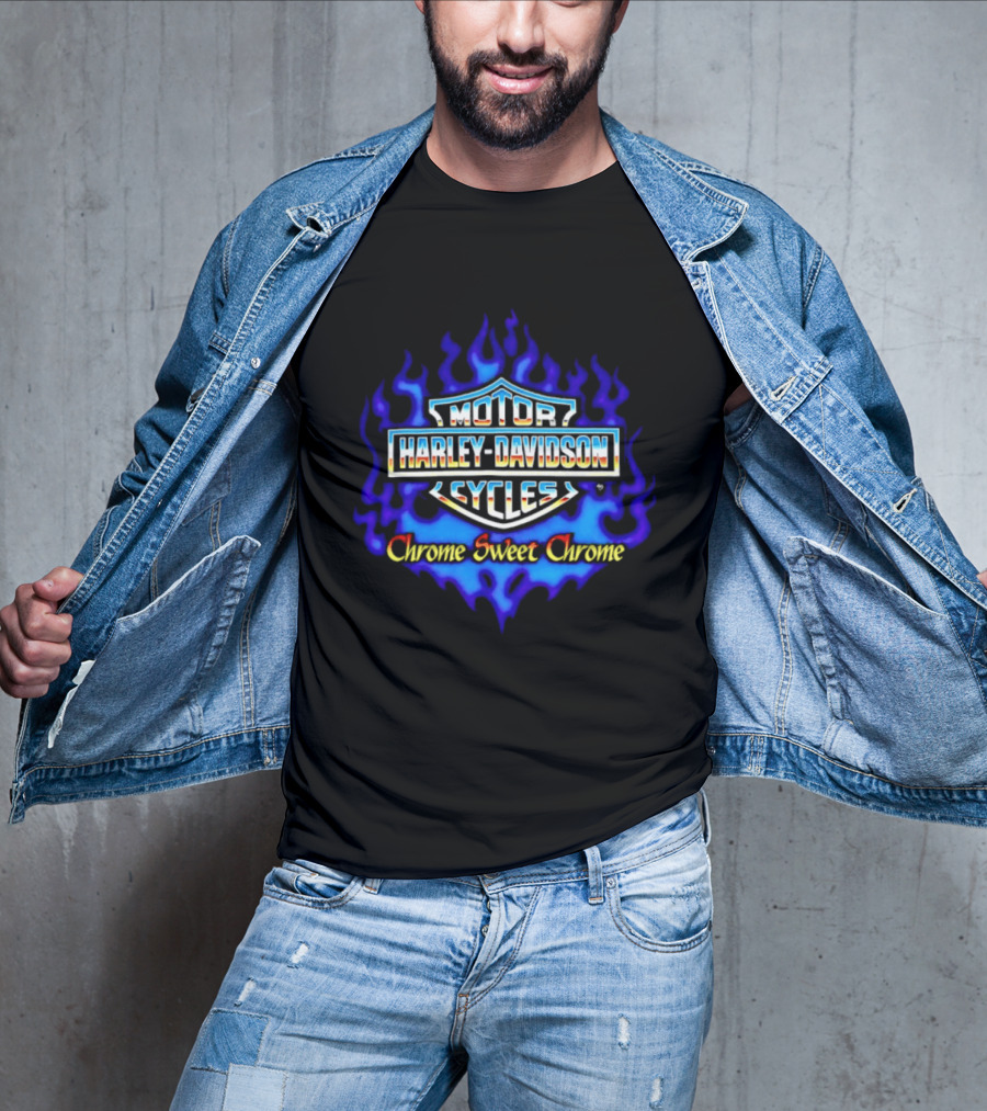 Harley Davidson Motor Cycles Chrome Sweet Chrome Blue Flames T-Shirt