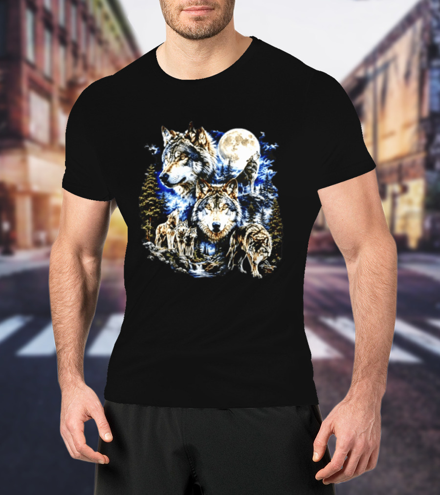 MS Studio Wolf Pack Full Moon Forest Wilderness Nature T-Shirt