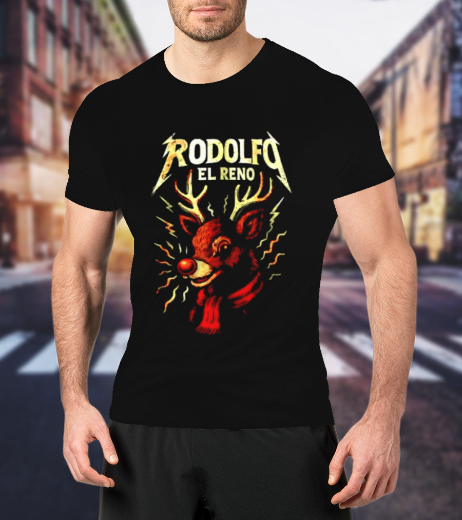Rodolfo El Reno Heavy Metal Reindeer Christmas Lightning Antlers T-Shirt