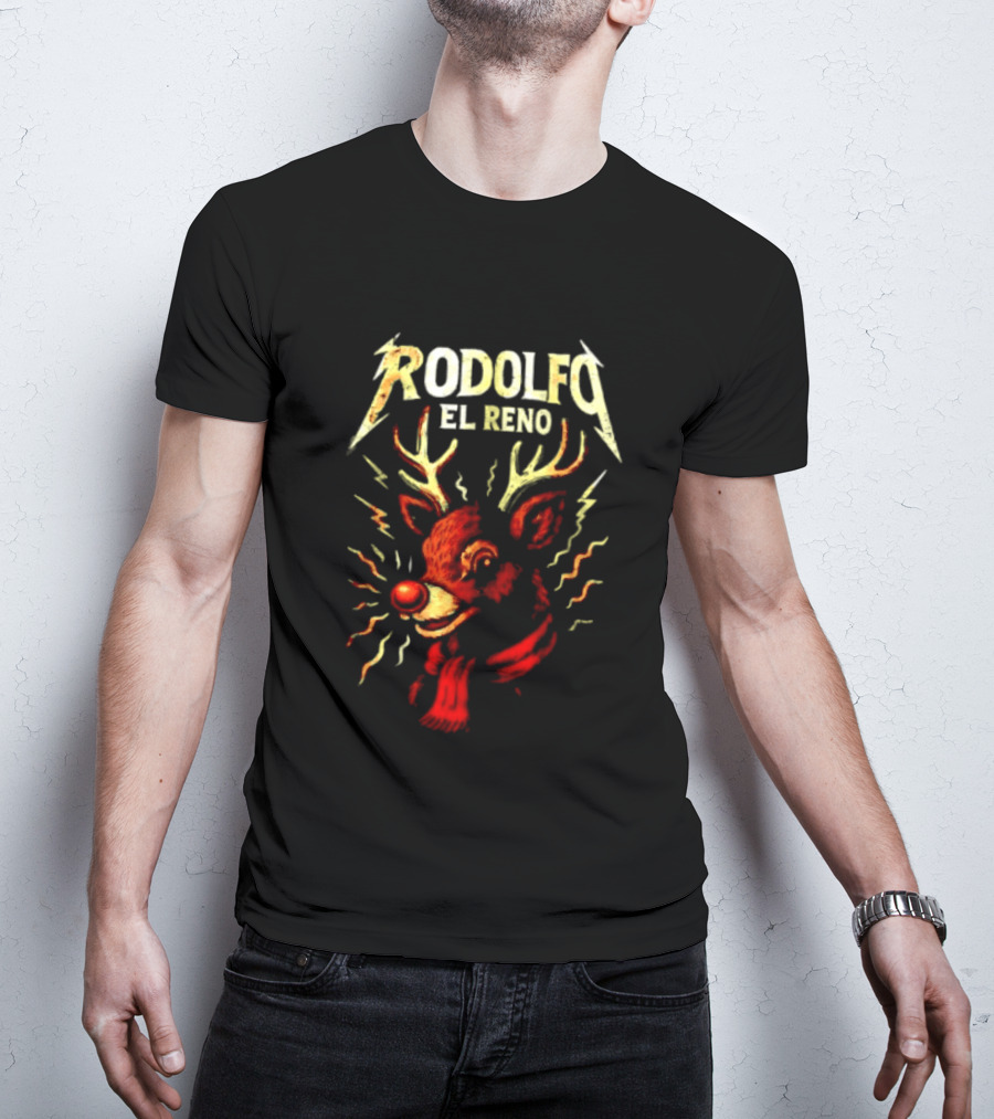 Rodolfo El Reno Heavy Metal Reindeer Christmas Lightning Antlers T-Shirt