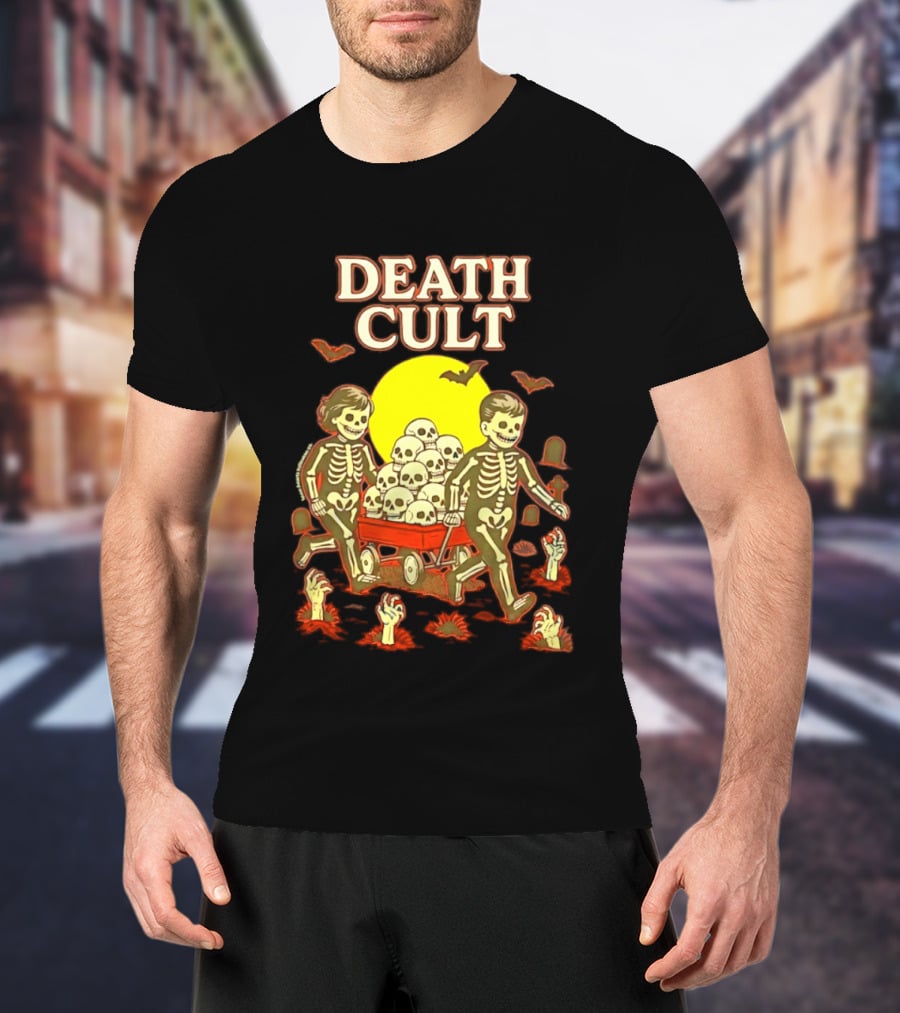 Death Cult Skeleton Kids Hauling Skull Filled Wagon With Rising Hands And Bats T-Shirt
