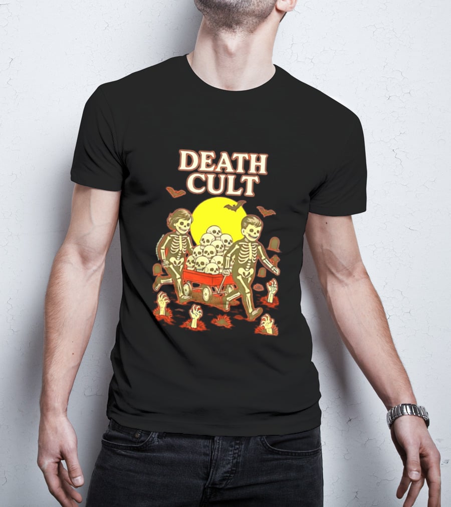 Death Cult Skeleton Kids Hauling Skull Filled Wagon With Rising Hands And Bats T-Shirt