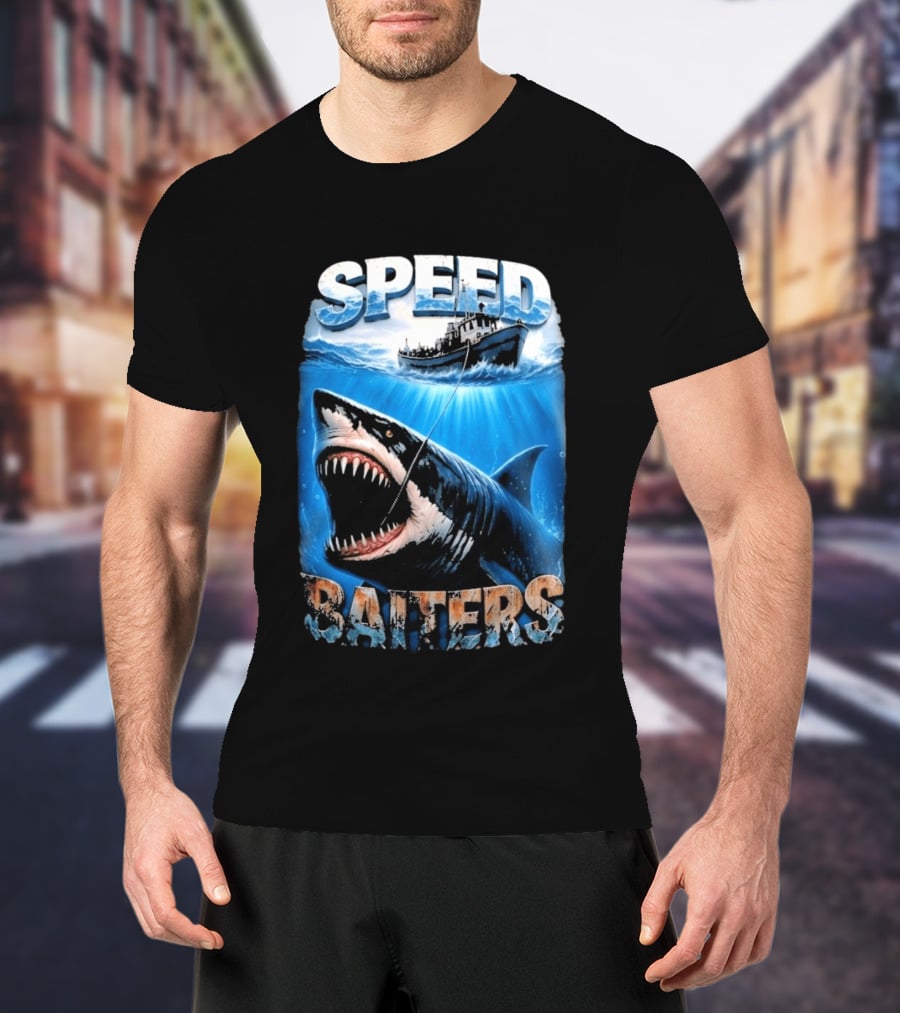 Speed Baiters Shark With Boat And Ocean T-Shirt