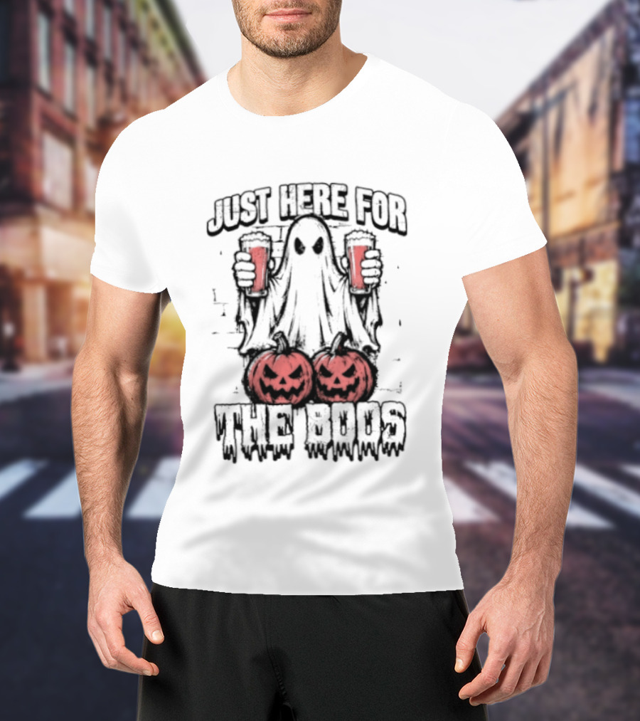 Just Here For The Boos Ghost With Beers And Pumpkins Halloween T-Shirt