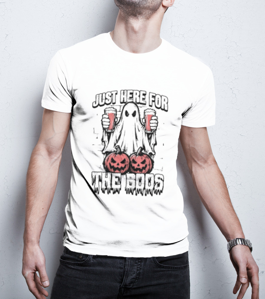 Just Here For The Boos Ghost With Beers And Pumpkins Halloween T-Shirt