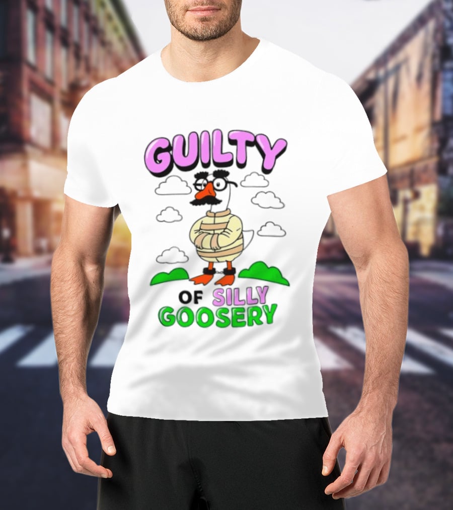 Guilty Of Silly Goosery Cartoon Goose In Striped Suit T-Shirt