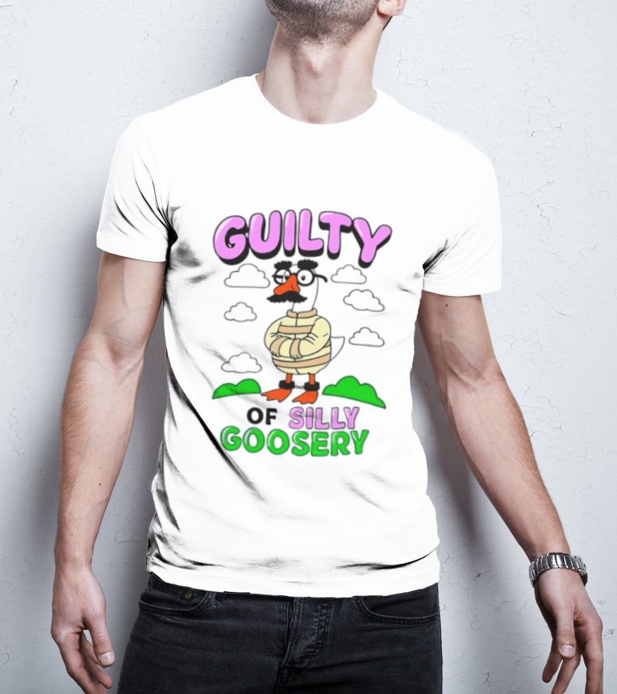 Guilty Of Silly Goosery Cartoon Goose In Striped Suit T-Shirt