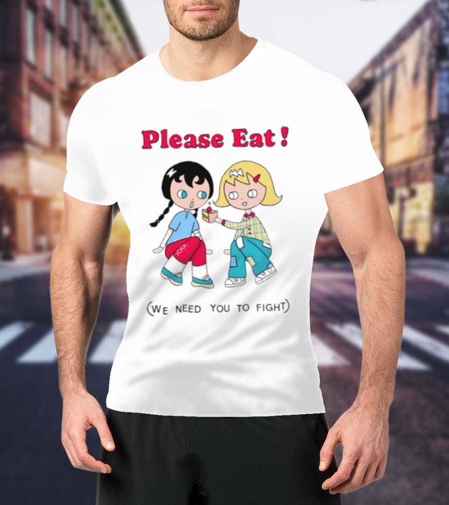 Please Eat We Need You To Fight Vintage Anime Style Cartoon Characters Sharing Food T-Shirt