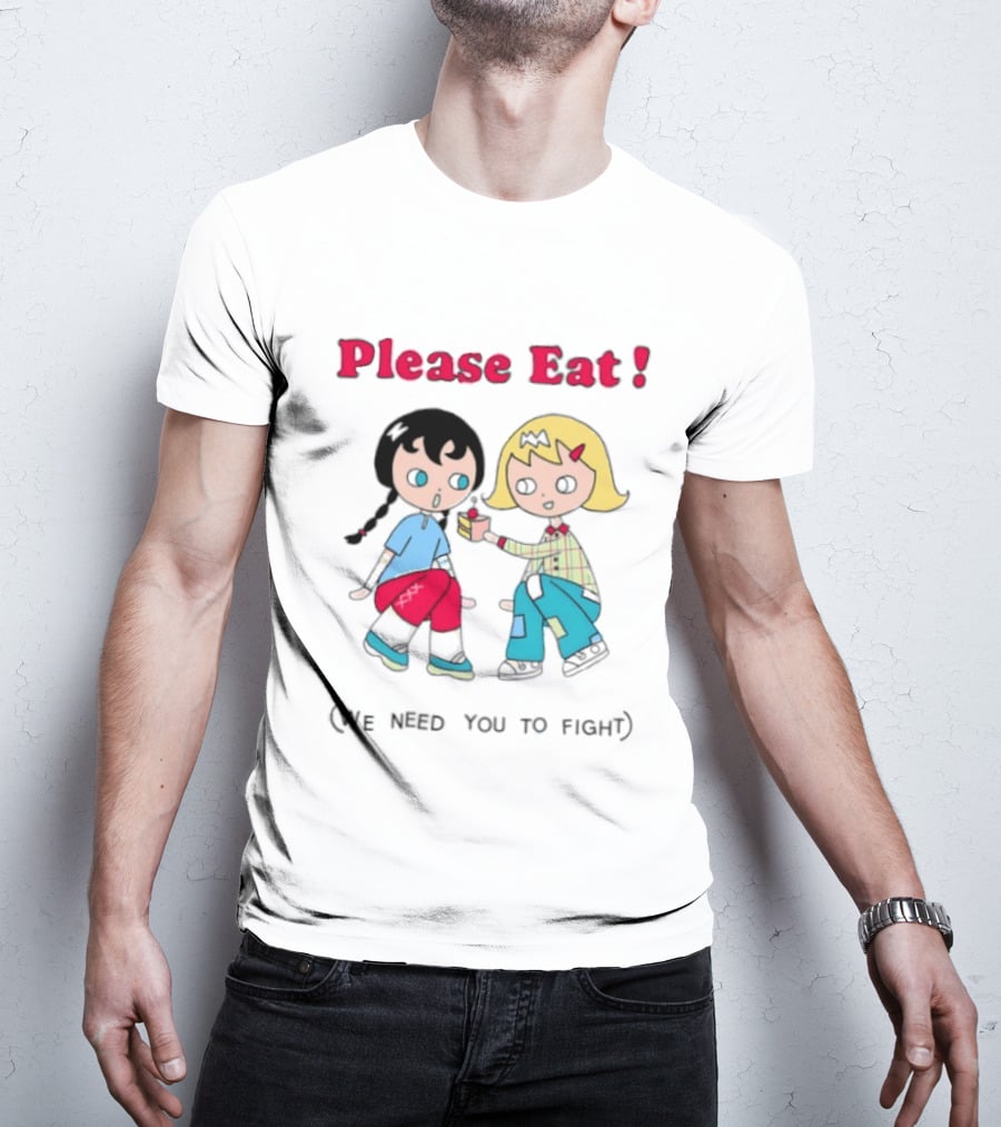 Please Eat We Need You To Fight Vintage Anime Style Cartoon Characters Sharing Food T-Shirt