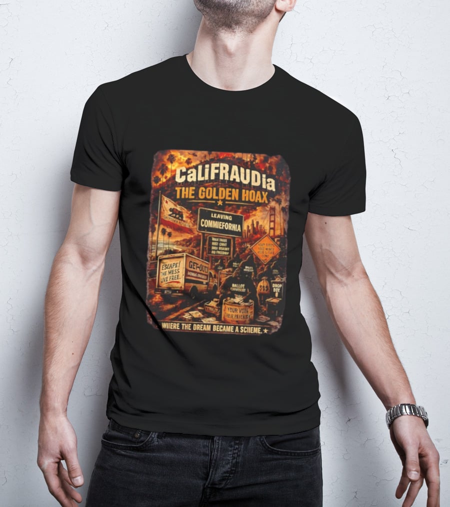 CaliFRAUDia The Golden Hoax Leaving Commiefornia Escape The Mess Live Free T-Shirt