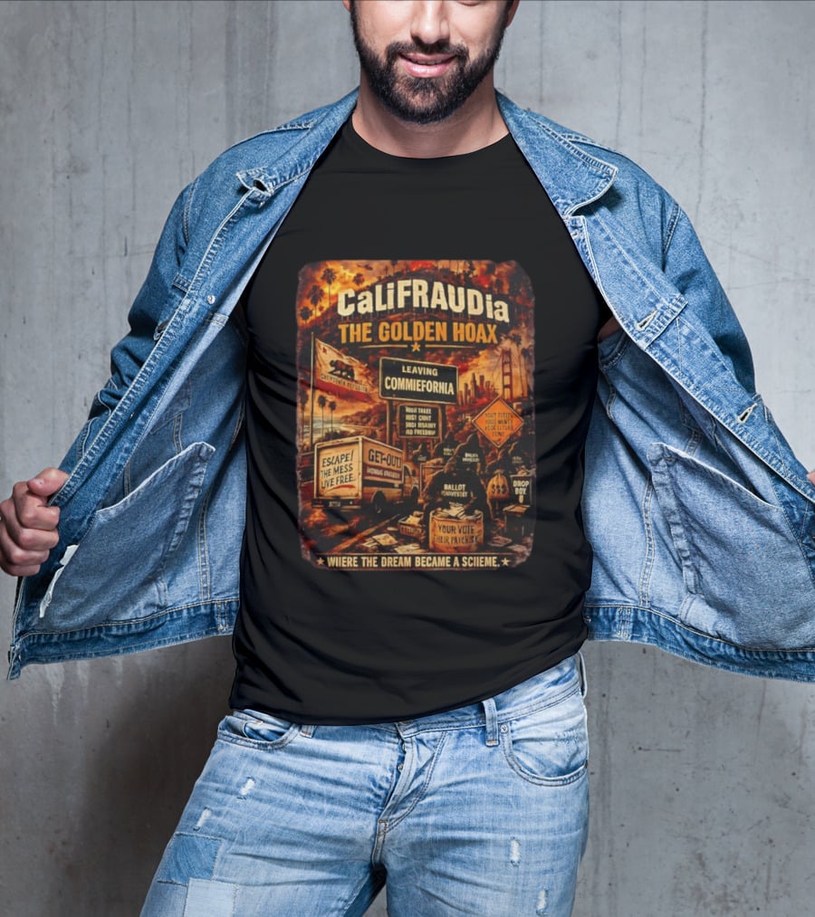 CaliFRAUDia The Golden Hoax Leaving Commiefornia Escape The Mess Live Free T-Shirt