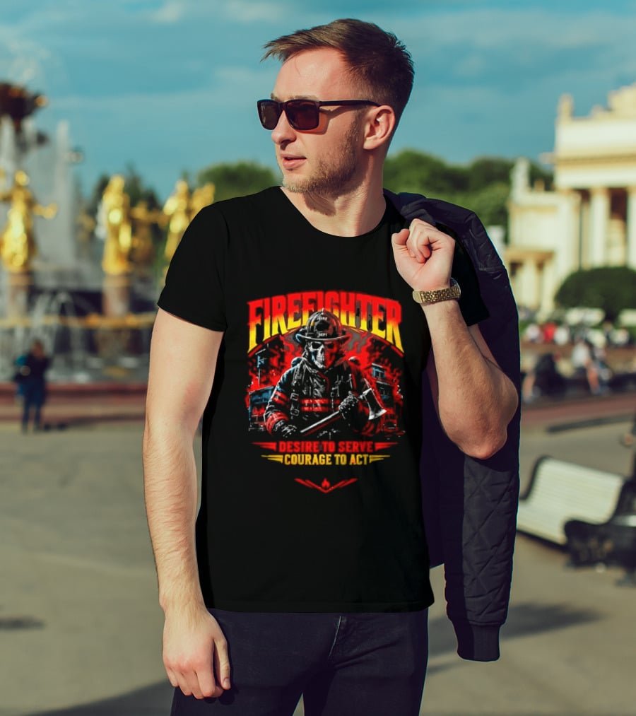 Firefighter Skull Desire To Serve Courage To Act Vintage Fireman Helmet And Axe T-Shirt