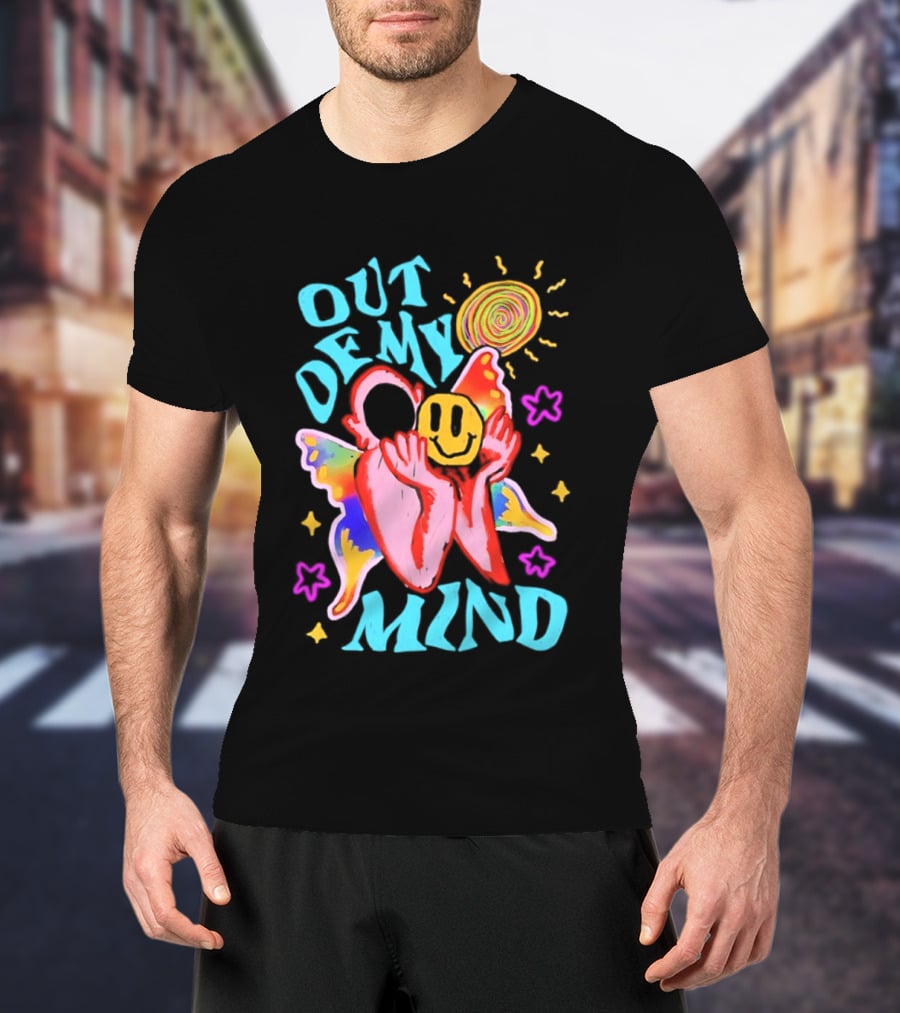 Out Of My Mind Smiley Face Butterfly Psychedelic Sunburst Fantasy Flowers T-Shirt