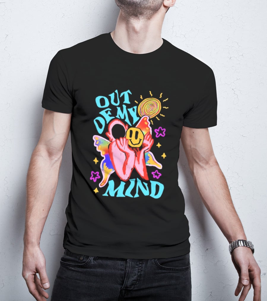 Out Of My Mind Smiley Face Butterfly Psychedelic Sunburst Fantasy Flowers T-Shirt