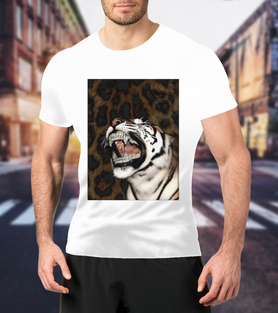 Tiger Diamond Grillz Iced Out Animal Roaring With Leopard Print T-Shirt