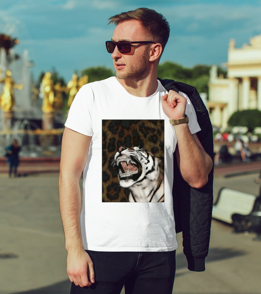 Tiger Diamond Grillz Iced Out Animal Roaring With Leopard Print T-Shirt