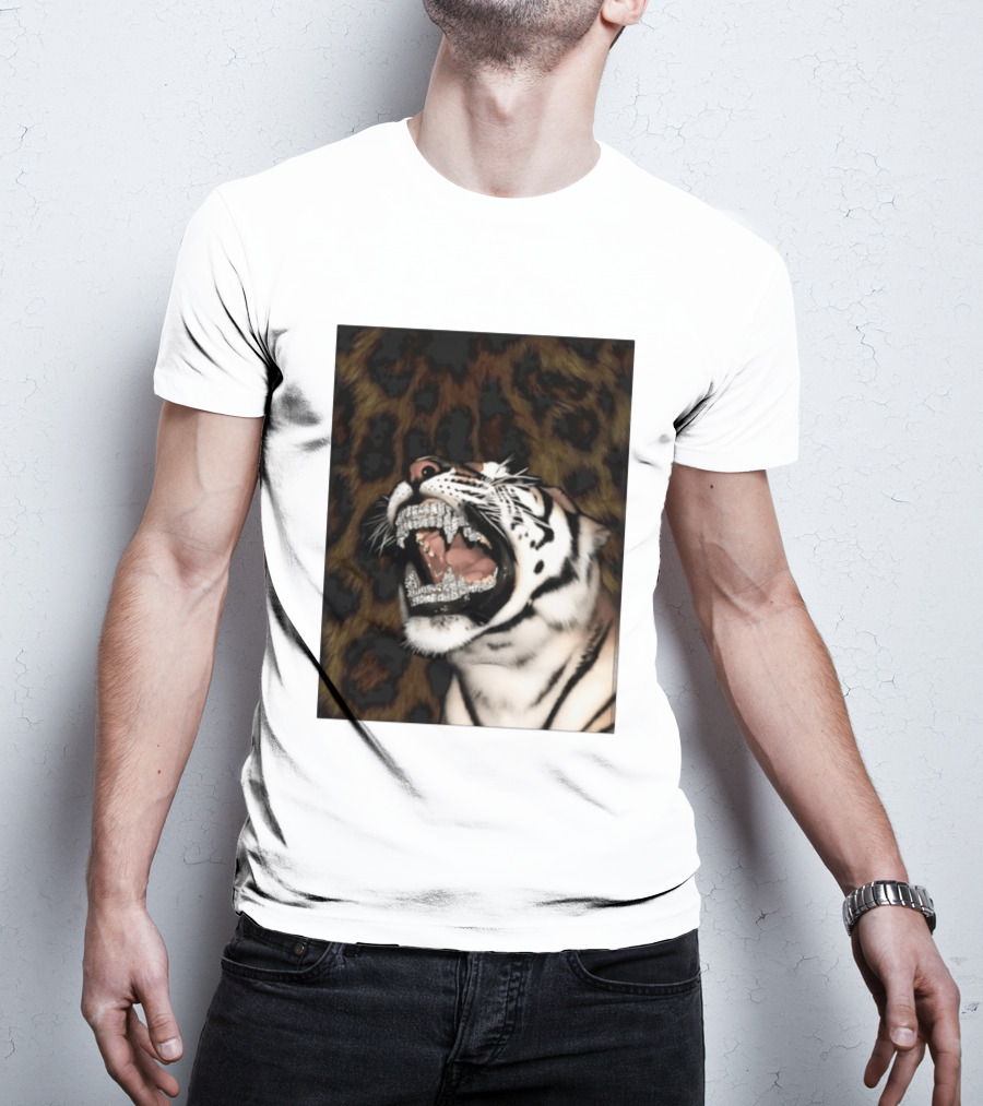Tiger Diamond Grillz Iced Out Animal Roaring With Leopard Print T-Shirt