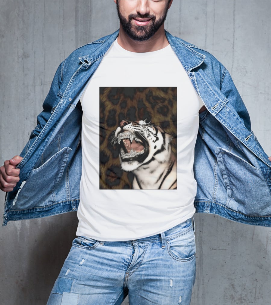 Tiger Diamond Grillz Iced Out Animal Roaring With Leopard Print T-Shirt