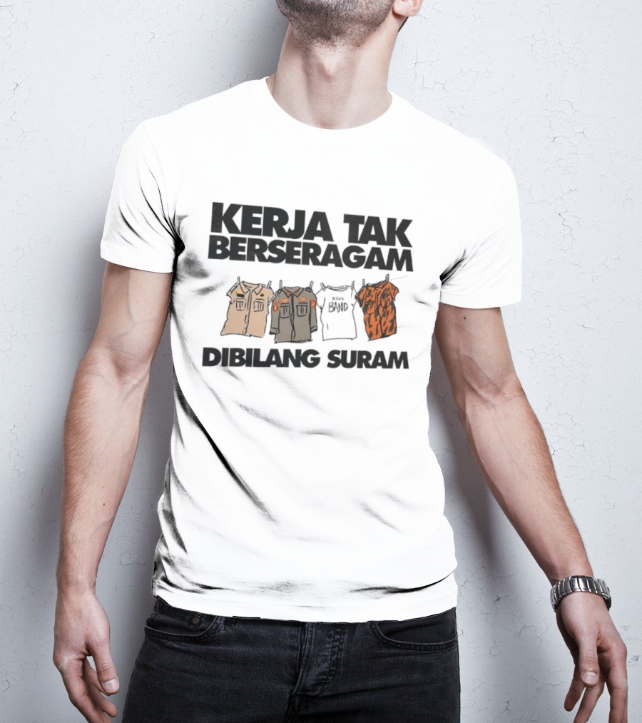 Kerja Tak Berseragam Dibilang Suram Kaos Band Dan Pakaian Kerja Di Jemuran T-Shirt