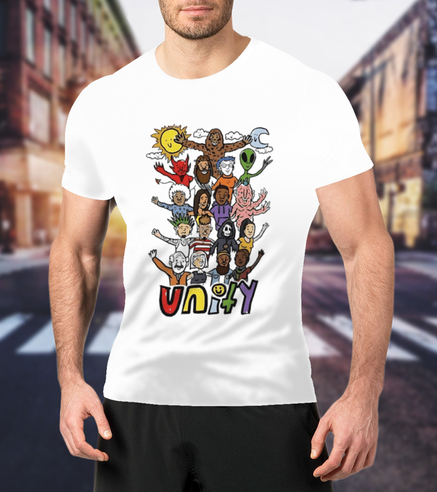 Unity Cartoon Characters Doodle Diverse Characters Aliens Bigfoot Devil Sun Moon T-Shirt