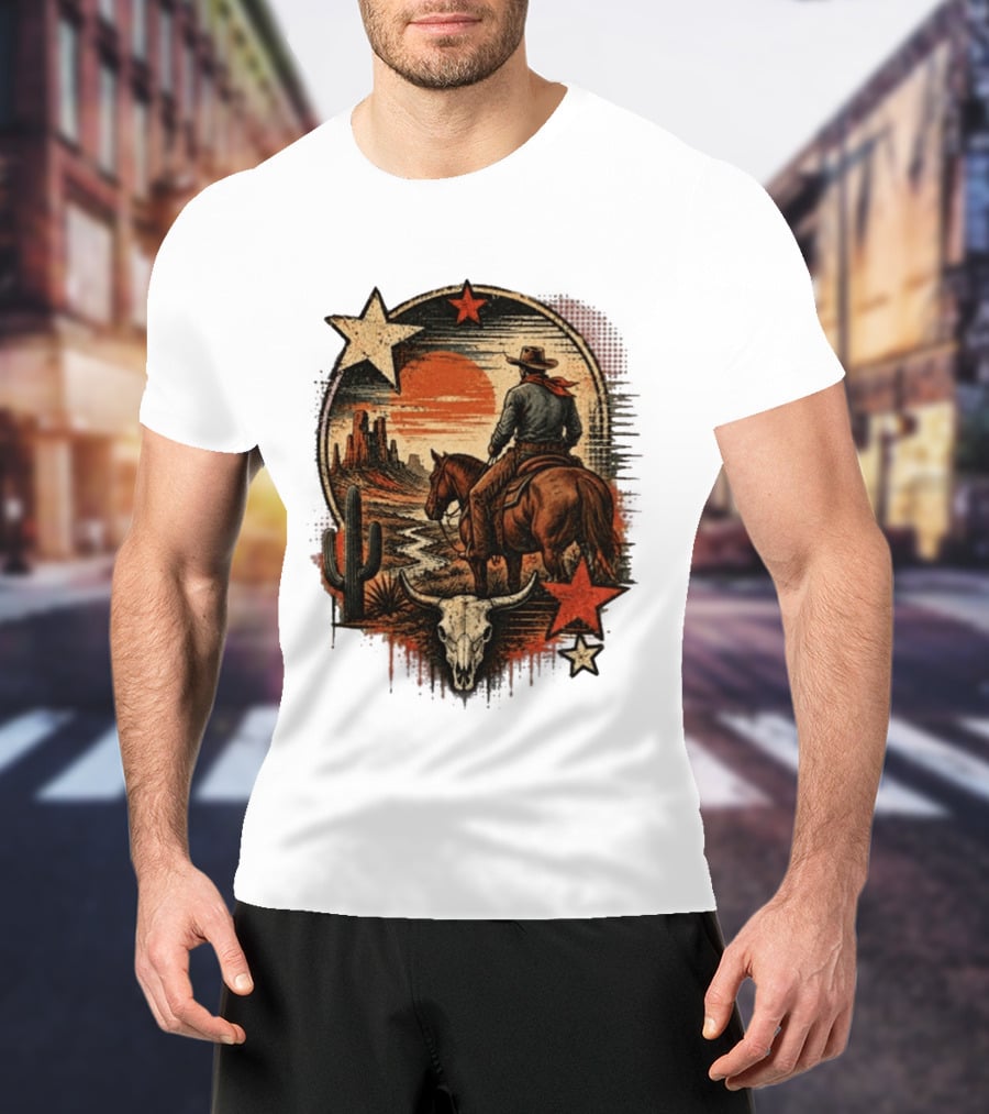 Cowboy On Horseback Under Desert Sunset With Cactus And Skull T-Shirt
