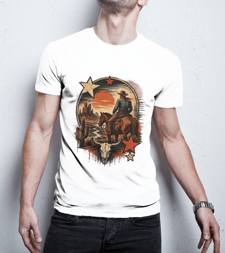 Cowboy On Horseback Under Desert Sunset With Cactus And Skull T-Shirt