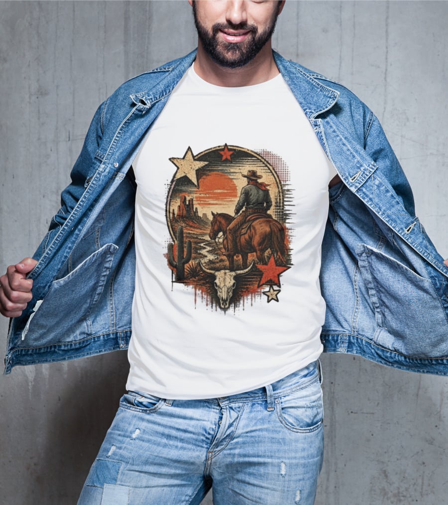 Cowboy On Horseback Under Desert Sunset With Cactus And Skull T-Shirt