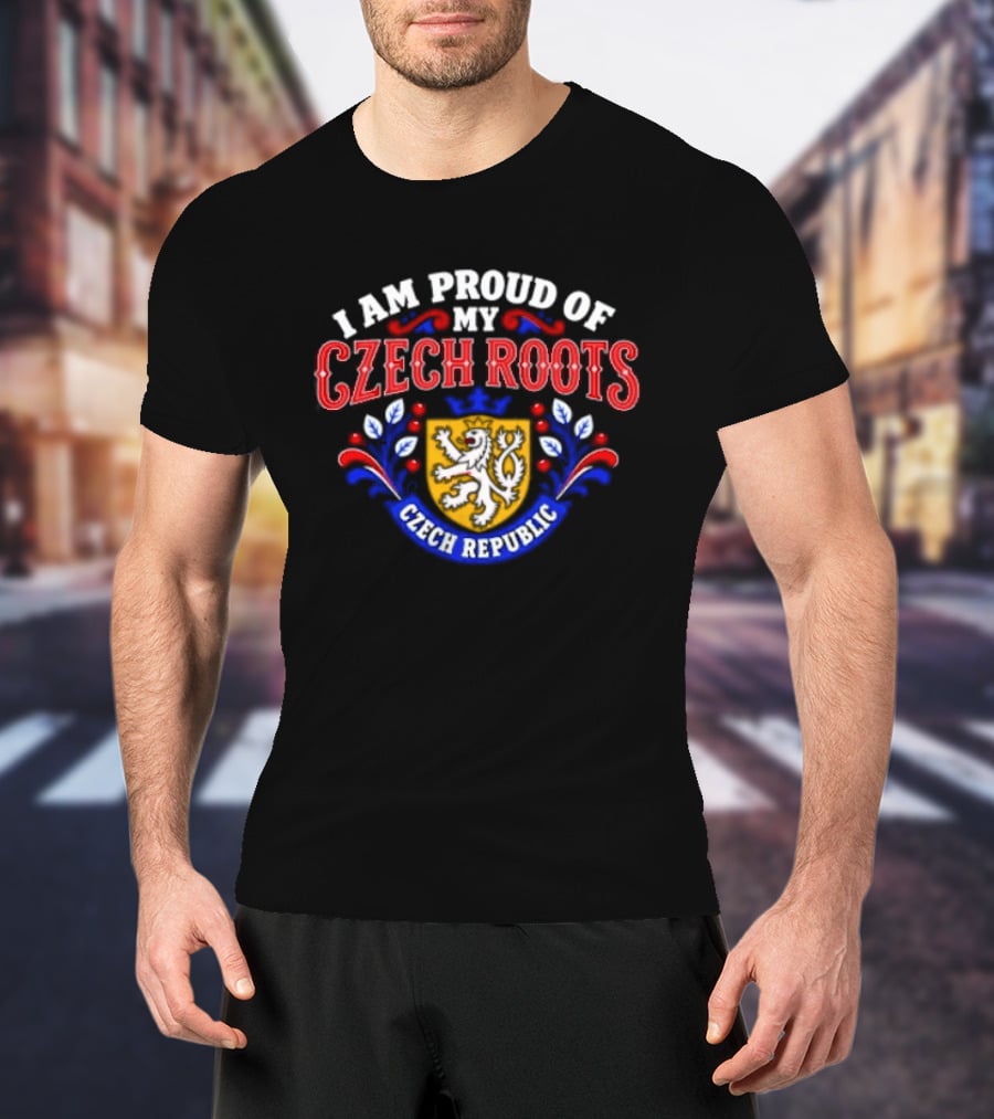 I Am Proud Of My Czech Roots Czech Republic Crest With Lion And Floral Motif T-Shirt