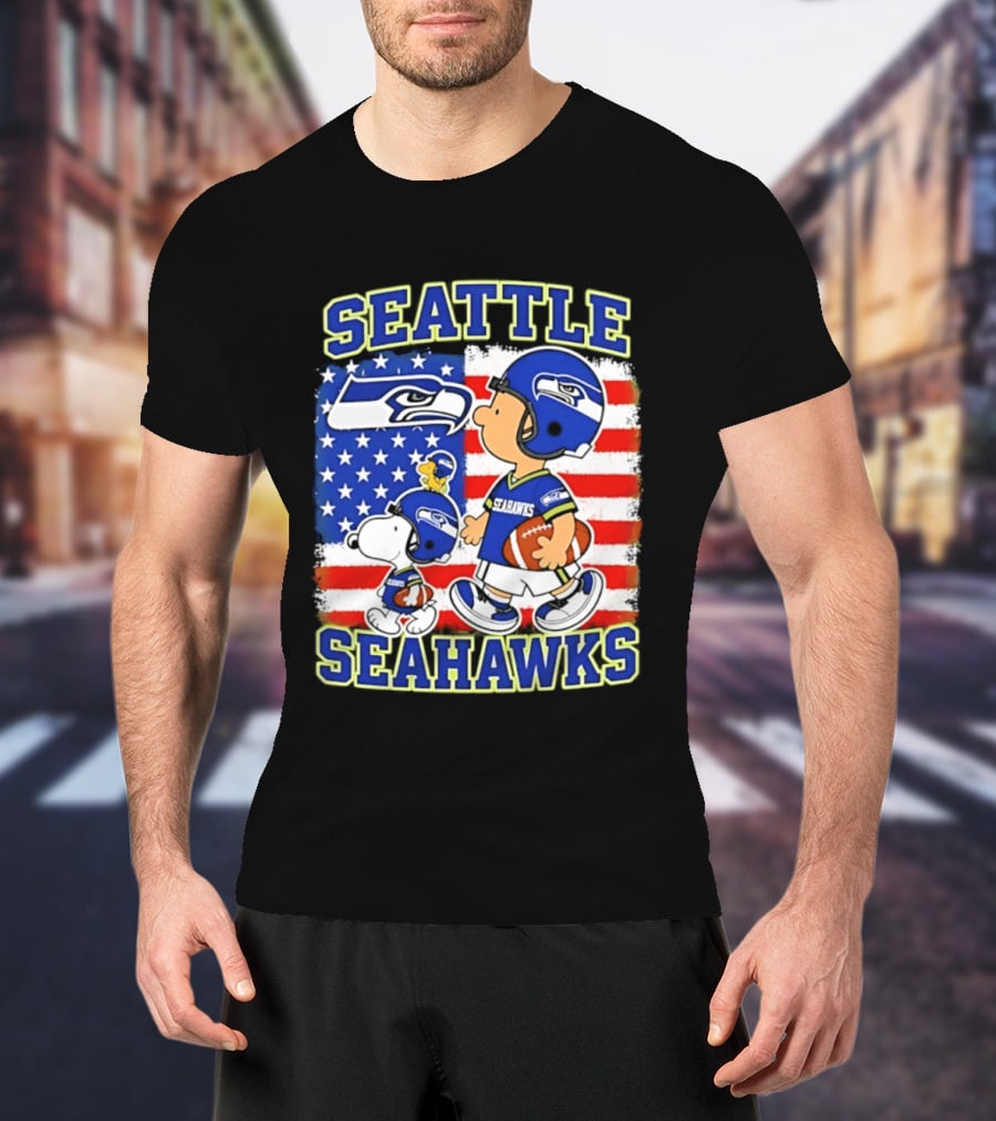 Snoopy Charlie Brown Seattle Seahawks American Flag Football T-Shirt
