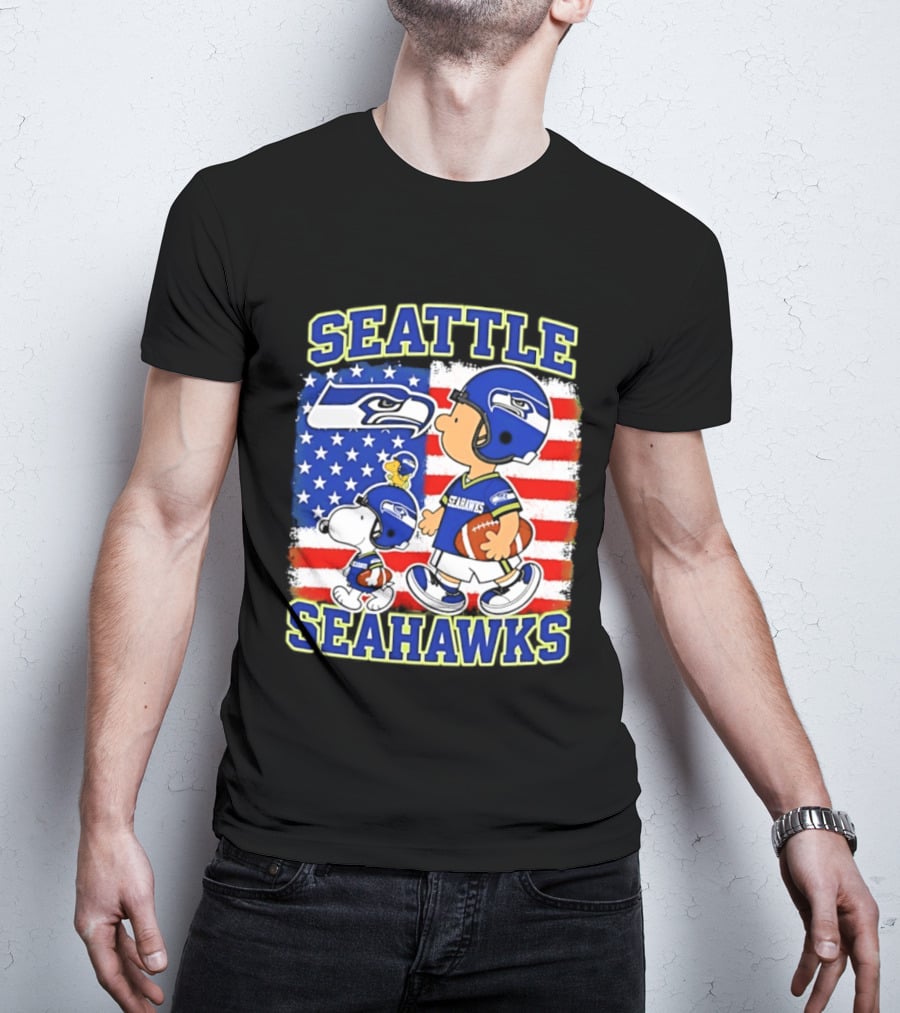 Snoopy Charlie Brown Seattle Seahawks American Flag Football T-Shirt