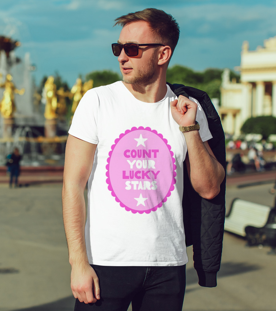 Count Your Lucky Stars Pink Oval Motivational Message T-Shirt