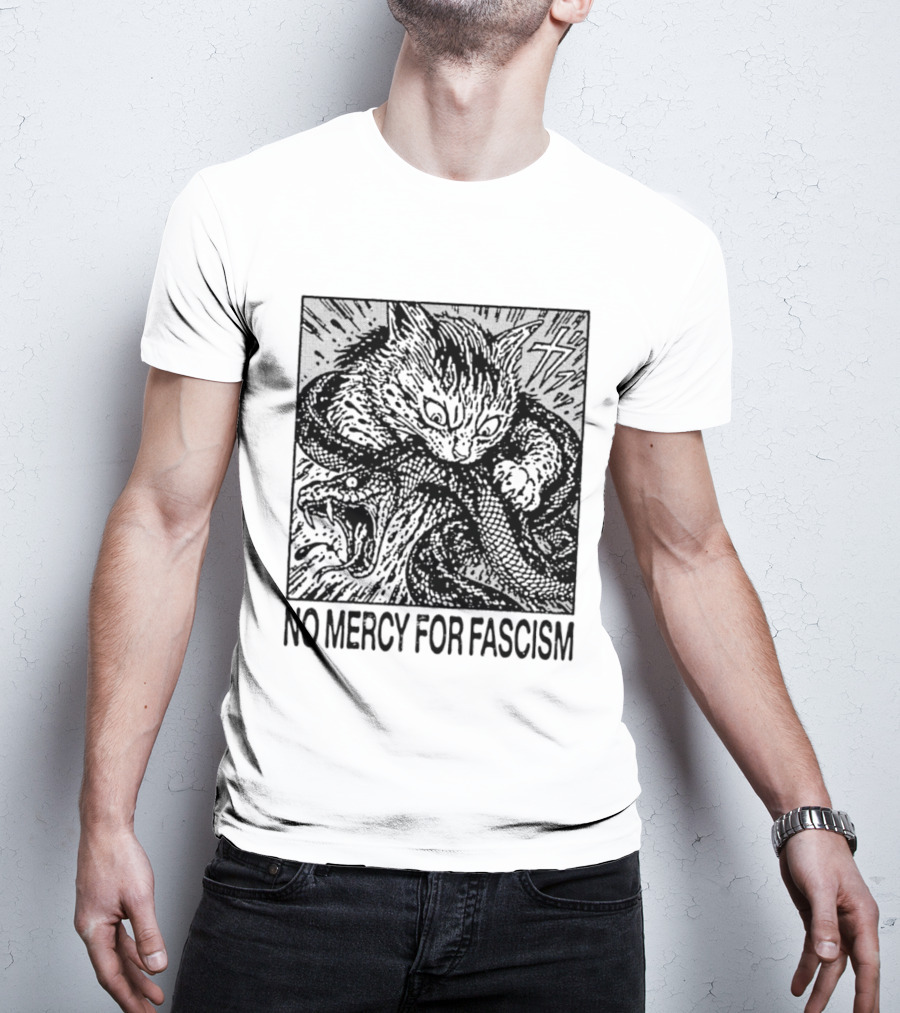 No Mercy For Fascism Cat Fighting Snake T-Shirt