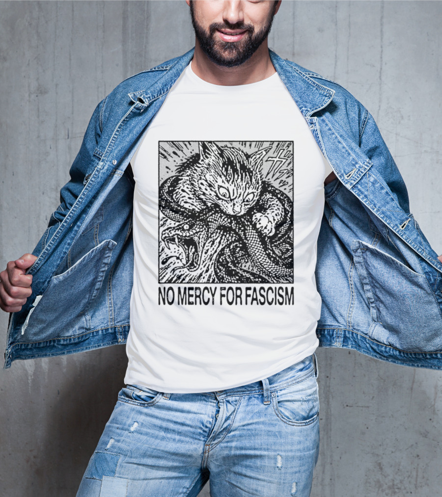 No Mercy For Fascism Cat Fighting Snake T-Shirt