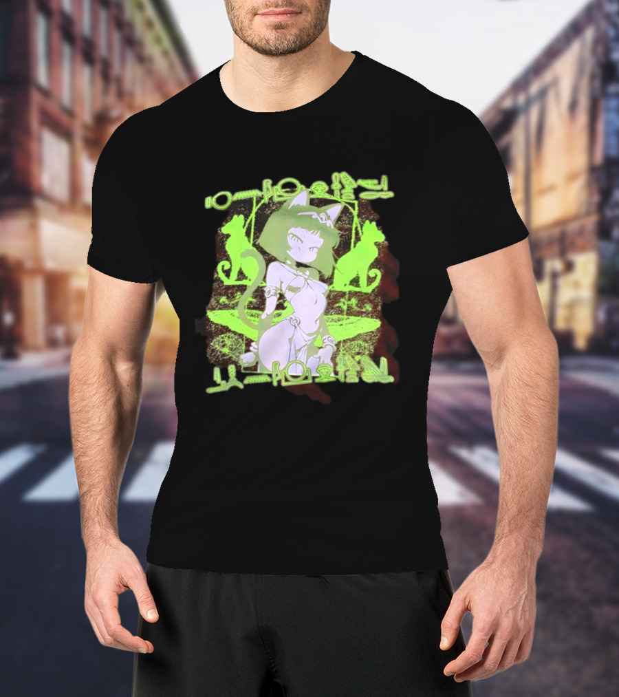 Anime Cat Girl Egyptian Hieroglyphics Neon Green Aesthetic T-Shirt