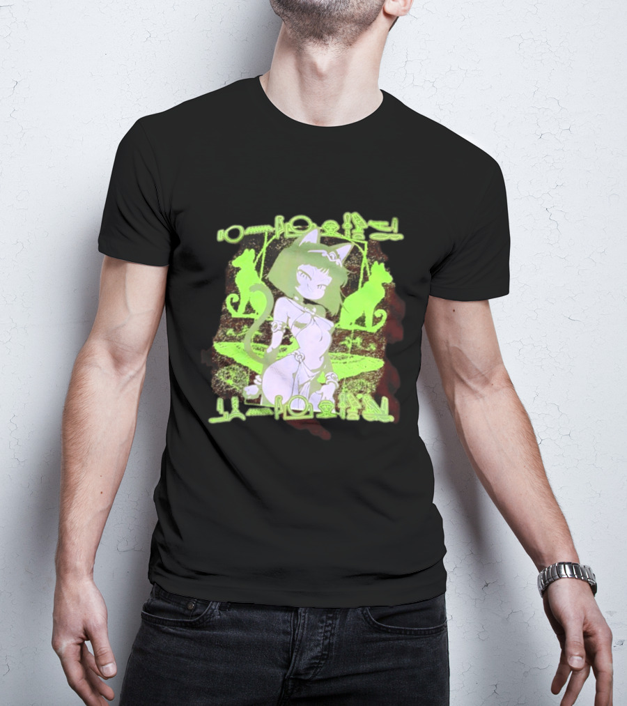 Anime Cat Girl Egyptian Hieroglyphics Neon Green Aesthetic T-Shirt