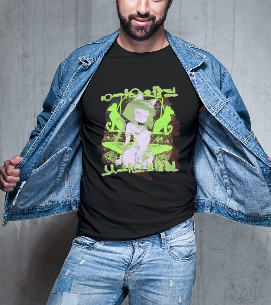 Anime Cat Girl Egyptian Hieroglyphics Neon Green Aesthetic T-Shirt