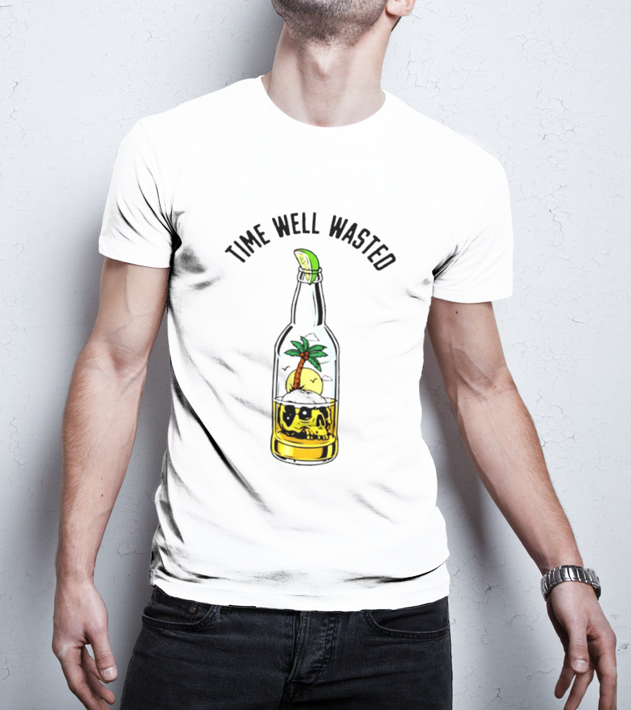 Time Well Wasted Skull And Palm Tree In Bottle With Lemon Slice T-Shirt