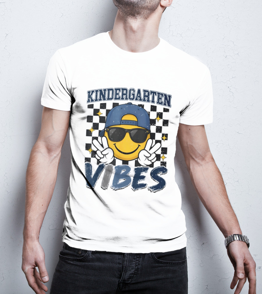Kindergarten Vibes Smiley Face Sunglasses Peace Sign Checkered T-Shirt