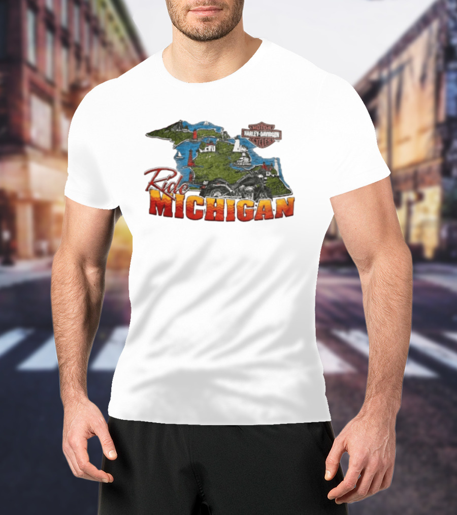 Ride Michigan Harley Davidson Motor Cycles Island Map And Lighthouse T-Shirt