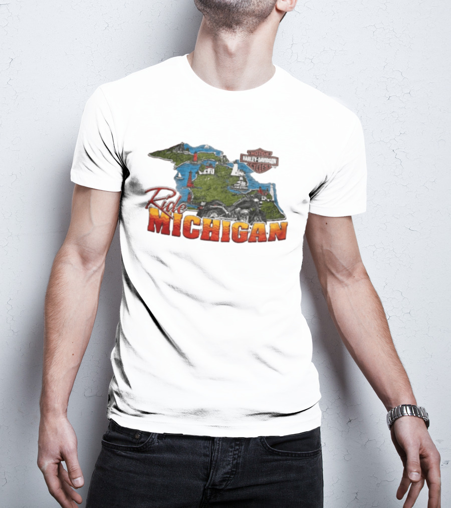 Ride Michigan Harley Davidson Motor Cycles Island Map And Lighthouse T-Shirt