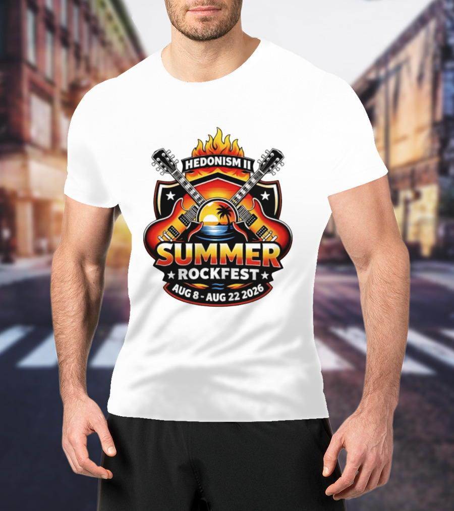 Hedonism II Summer Rockfest August 8 22 2026 Guitars Sunset Palms Fire T-Shirt