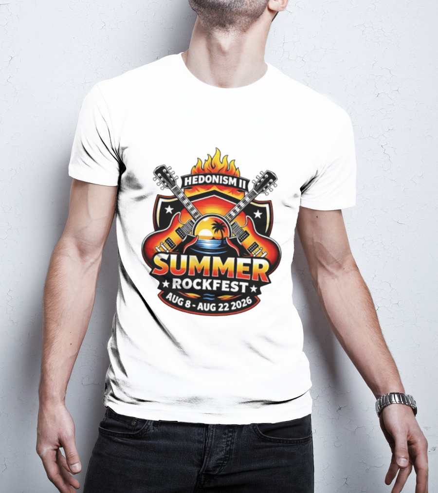 Hedonism II Summer Rockfest August 8 22 2026 Guitars Sunset Palms Fire T-Shirt